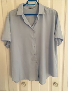 Light Blue Short-Sleeve Button Front Blouse